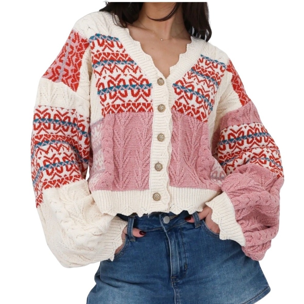 Grey Bandit Maisie patchwork ivory pink cottage cardigan sweater SIZE‎ 2XL